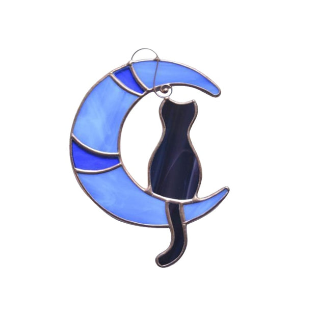 Buy Online High Quality Stained Glass Cat On The Moon Window Pet Gift Cat On The Moon Home Ornament Cat Home Decor - Mydawgz